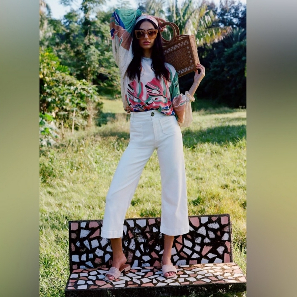 Anthropologie Maeve The Colette Crop White Cotton Wide-Leg Pants Coastal Boho